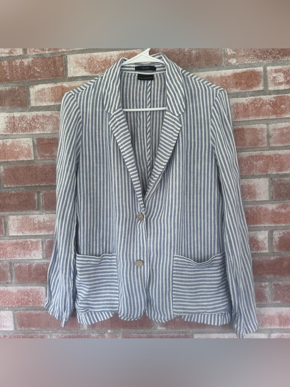 Tahari 100% Linen Blazer Blue White Striped Women’s Small Coastal Relaxed